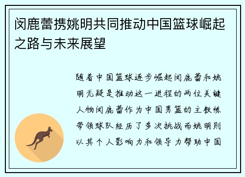 闵鹿蕾携姚明共同推动中国篮球崛起之路与未来展望